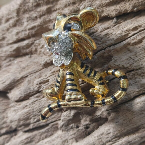 Jomaz Brooch Pin Vintage Gold Rhinestone Tiger Cat Black Enamel Stripes Crystal - Picture 5 of 11